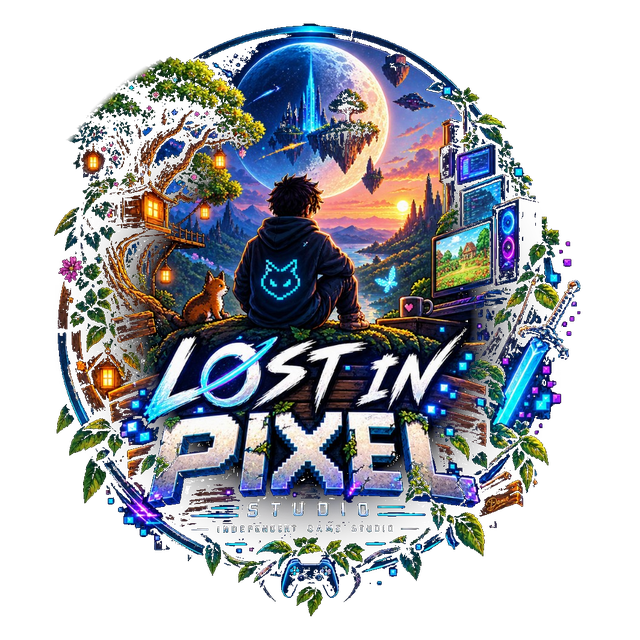 Lost in Pixel Studio logo: valley, pixel sword, hoodie, controller